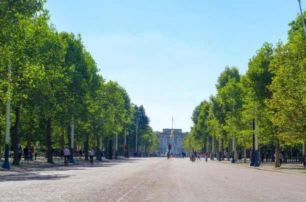 View looking southwest towards Buckingham Palace in summer in the City of Westminster, London