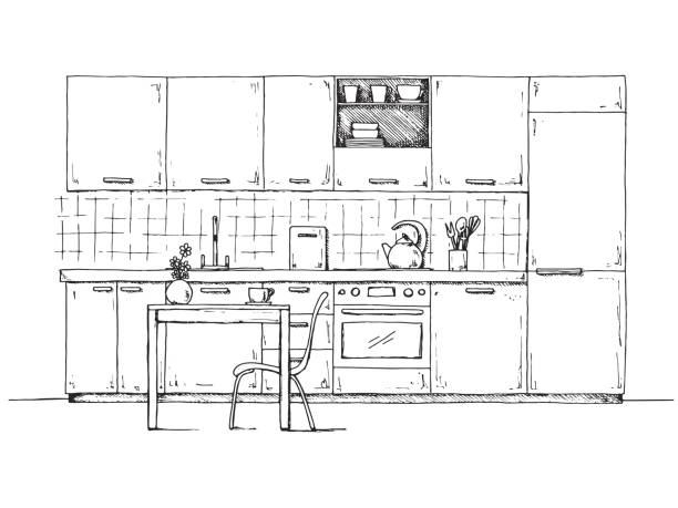 illustrazioni stock, clip art, cartoni animati e icone di tendenza di mobili da cucina disegnati a mano. illustrazione vettoriale in stile schizzo. - eaves