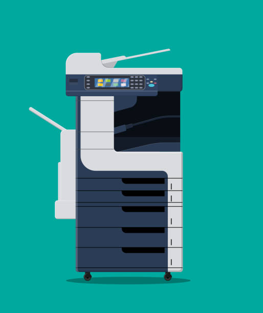 ilustrações, clipart, desenhos animados e ícones de máquina multifuncional de escritório. - print computer printer printout push button