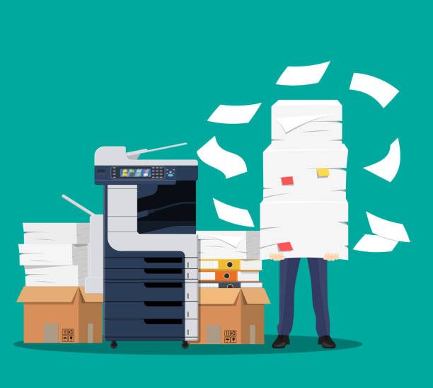 Businessman in pile of papers. Businessman in pile of papers. Office multifunction machine. Bureaucracy, paperwork, overwork, office. Printer copy scanner device. Proffesional printing station. Vector illustration flat style copying illustrations stock illustrations