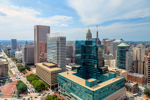 Aerial view of the Baltimore Skyline near the famous Baltimore Inner Harbor