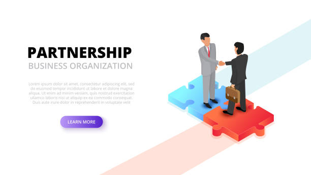 ilustrações, clipart, desenhos animados e ícones de empresário aperto de mão no quebra-cabeça. conceito de parceria. ilustração do vetor 3d isométrica. - partnership cooperation teamwork puzzle