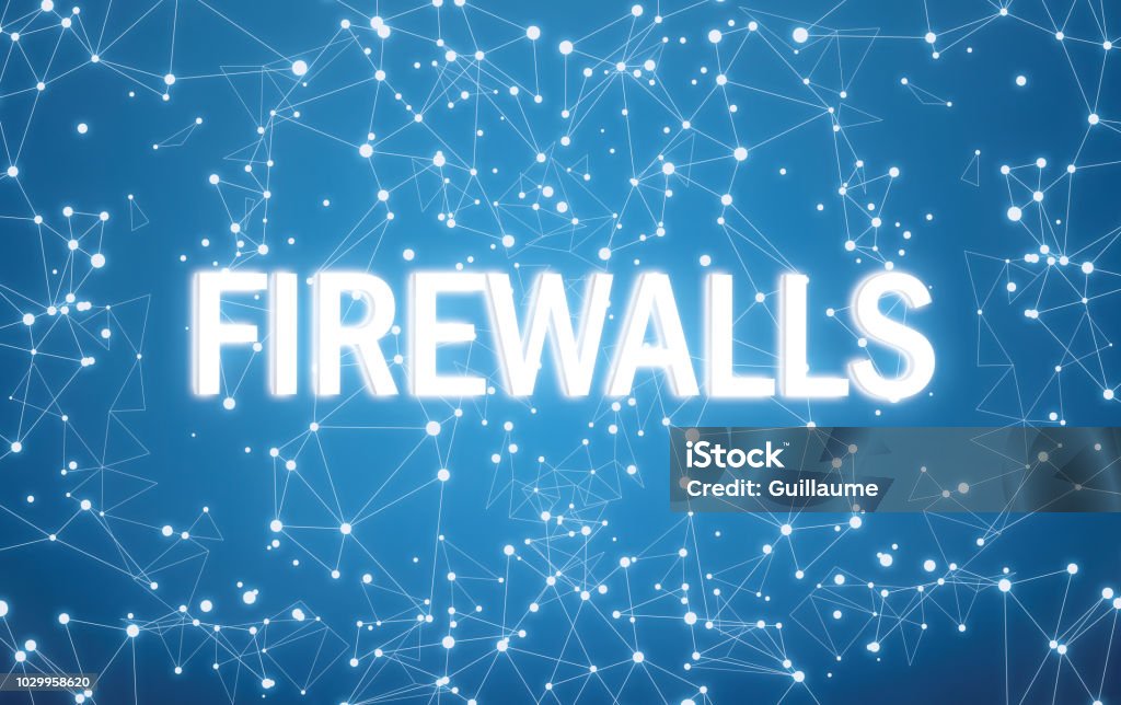 Digital firewalls text on blue network background Antivirus Software Stock Photo