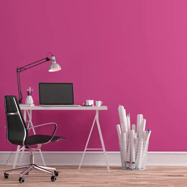 Workdesk with decoration on hardwood floor in front of empty pink wall with copy space. 3D rendered image.
