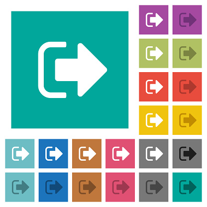 Sign out multi colored flat icons on plain square backgrounds. Included white and darker icon variations for hover or active effects.