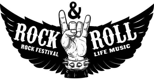 ilustraciones, imágenes clip art, dibujos animados e iconos de stock de festival de rock. mano humana con la muestra de rock &amp; roll sobre fondo con alas.  elemento de diseño para impresión, póster de camiseta. - roll of arms