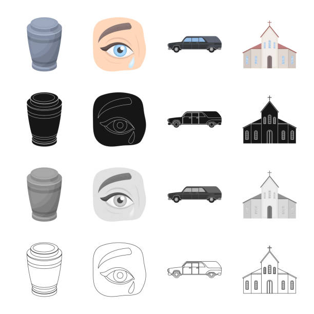 An urn with ashes, tears at a funeral, a ceremonial hearse, a church. Funeral ceremony set collection icons in cartoon black monochrome outline style vector symbol stock illustration web. An urn with ashes, tears at a funeral, a ceremonial hearse, a church. Funeral ceremony set collection icons in cartoon black monochrome outline style vector symbol stock illustration . funeral home logo stock illustrations