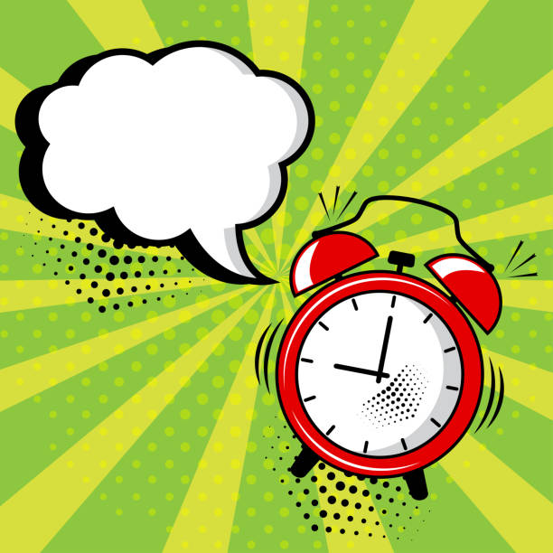 Empty white comic bubble and red alarm clock on green background in pop art style. Vector illustration Empty white comic bubble and red alarm clock on green background in pop art style. Vector illustration clock borders stock illustrations