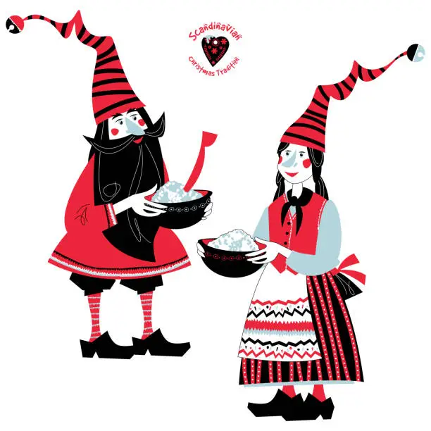 Vector illustration of Scandinavian Christmas tradition. The gnome gives a pot of Christmas rice porridge to his girlfriend.