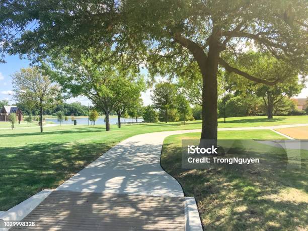 Green Park With Pathway From Shady Parking Lots In Coppell Texas Usa Stock Photo - Download Image Now