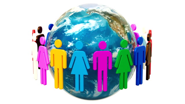 People around the Earth Globe animation. 3D rendering