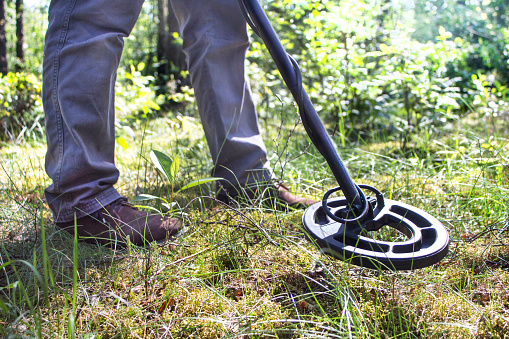 The metal detector coil and the legs of a man looking for a treasure against the background of the forest.
