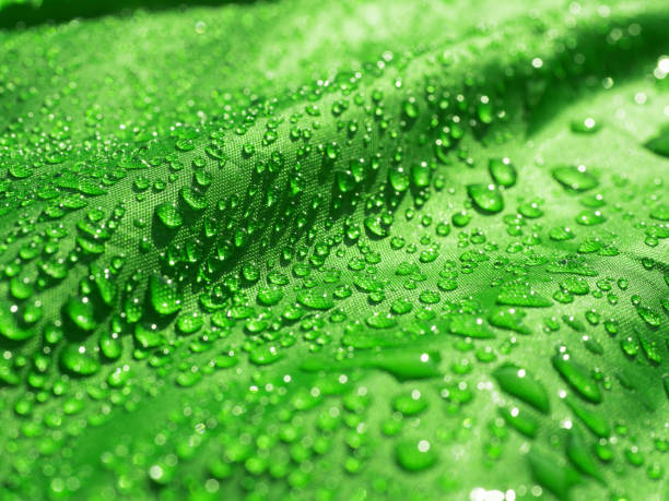 Photo of Green waterproof fabric with waterdrops close up