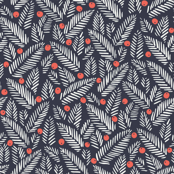 Hand drawn abstract Christmas foliage, red holy berries on dark background vector seamless pattern. Winter Holiday Print White hand drawn abstract Christmas foliage, red holy berries on dark background vector seamless pattern. Winter Holiday Print. Abstract linocut pine tree print. winter designs stock illustrations
