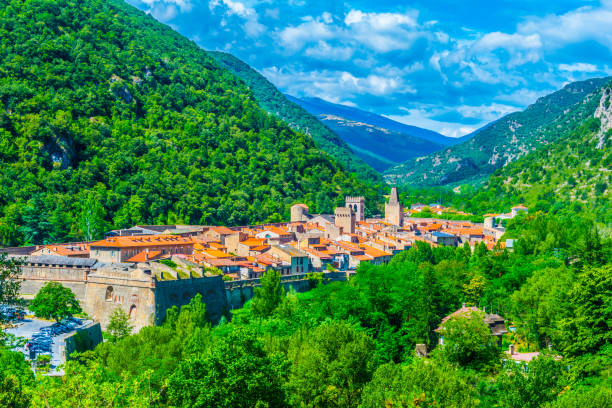 Aerial view of Villefranche de Conflent village in France Aerial view of Villefranche de Conflent village in France villefranche de conflent stock pictures, royalty-free photos & images