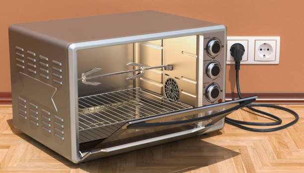 forno tostapane a convezione aperto con rosticceria e griglia all'interno, rendering 3d - convection foto e immagini stock