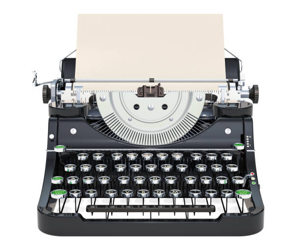 maszyna do pisania z papierem, widok z przodu. renderowanie 3d izolowane na białym tle - writing machine zdjęcia i obrazy z banku zdjęć
