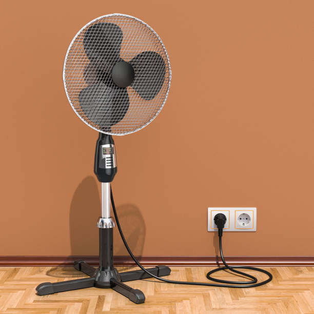 istock Standing pedestal electric fan in interior, 3D rendering 1030018750