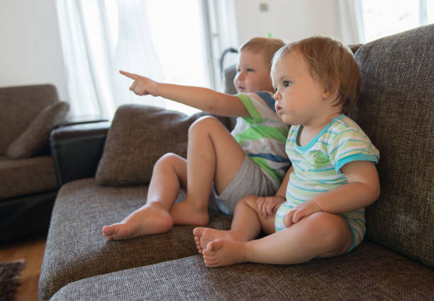 istock Two small children watching television on the couch 1030022012