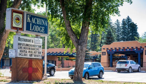 Kachina Lodge, Taos. Taos, NM, USA-7 July 18: The Kachina Lodge and Meeting Center sets on Paseo Del Pueblo Norte, in the old town area of Taos. kachina doll stock pictures, royalty-free photos & images