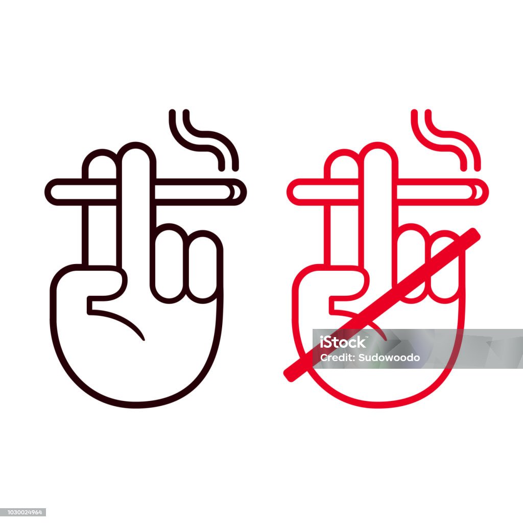 Cigarette in hand smoking sign Hand icon holding cigarette, no smoking and smoking allowed sign. Vector clip art illustration set. Smoking - Activity stock vector