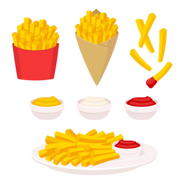 French fries illustration set French fries vector illustration set. Potato fries in fast food box, paper cone and on plate. Dipping sauce: ketchup, mayonnaise and mustard. french fries stock illustrations