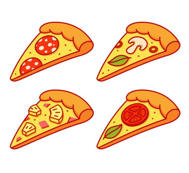 ilustrações de stock, clip art, desenhos animados e ícones de cartoon pizza slice set - italian cuisine minced meat tomato herb