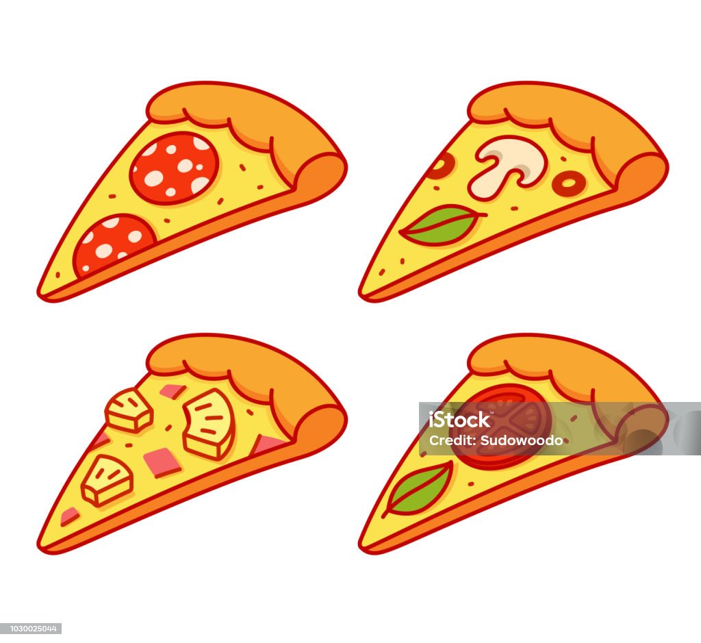 Cartoon pizza slice set Cartoon pizza slice illustration set. Pepperoni, Hawaiian (pineapple and ham), Margherita (tomato and basil) and vegetarian pizza. Isolated vector clip art collection. Pizza stock vector