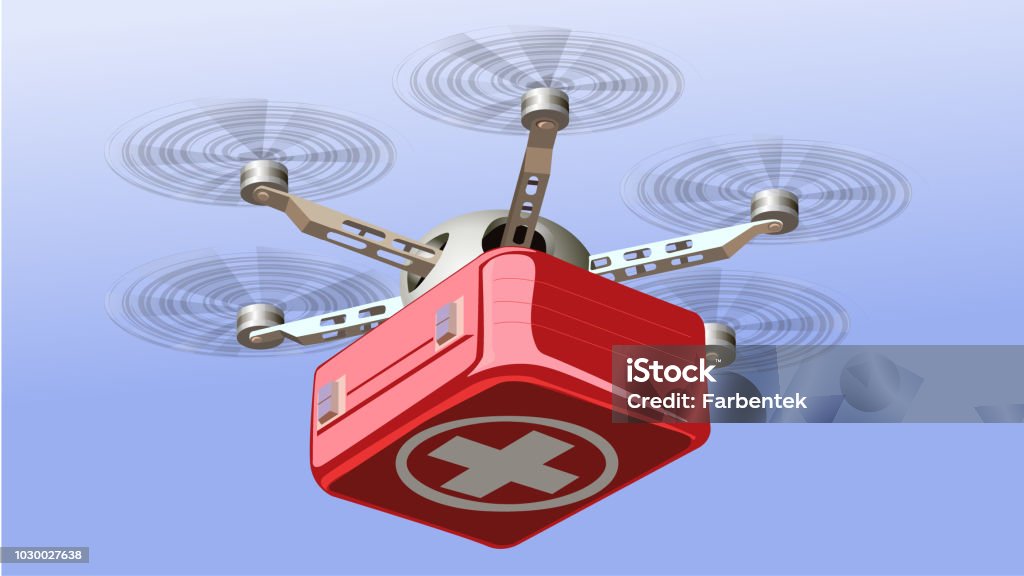 Drone Delivering First Aid Box. Technology in Medical Industry Concept Vector Illustration. Drone stock vector