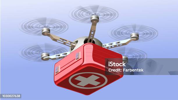 Drone Delivering First Aid Box Stock Illustration - Download Image Now - Drone, Delivering, First Aid