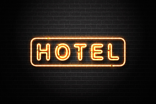 Vector realistic isolated neon sign of Hotel logo for decoration and covering on the wall background.