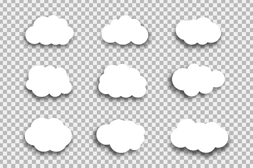 Vector set of realistic isolated paper clouds for decoration and covering on the transparent background.