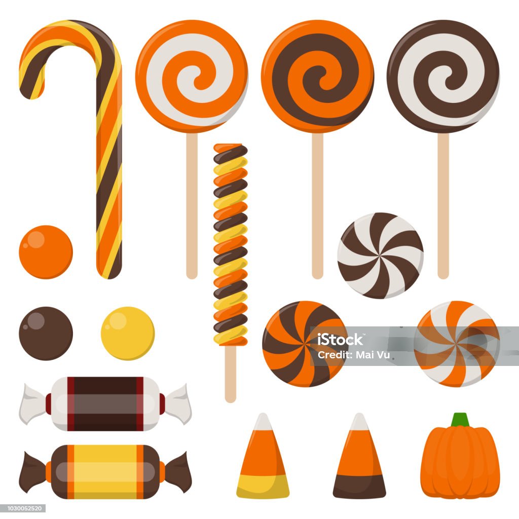 Assortment of Colorful Halloween Candy Halloween candy including candy cane, lollipop, gum ball, wrapped candy, and more isolated on white background Candy stock vector