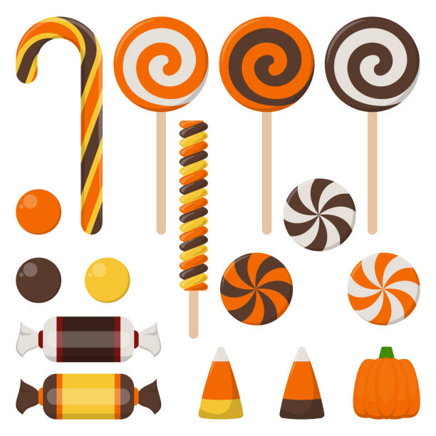 Assortment of Colorful Halloween Candy Halloween candy including candy cane, lollipop, gum ball, wrapped candy, and more isolated on white background halloween treats stock illustrations