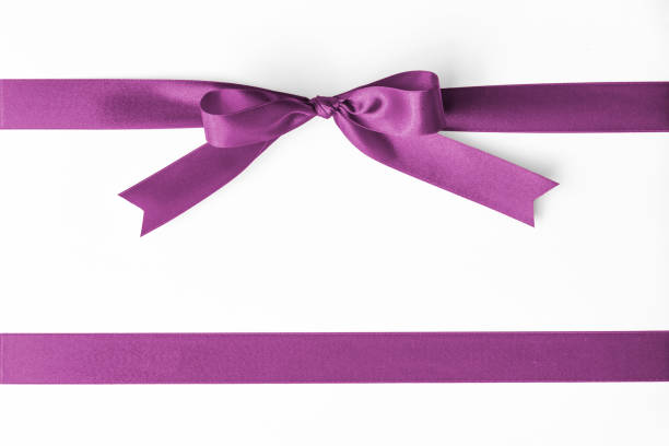 satin mulberry purple violet magenta ribbon stripe fabric bow isolated on white background with clipping path - curled up ribbon isolated on white photography imagens e fotografias de stock