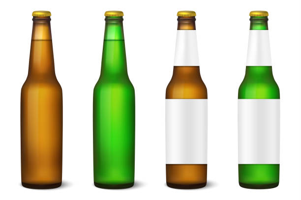 illustrazioni stock, clip art, cartoni animati e icone di tendenza di vector realistico 3d vuoto marrone lucido e bottiglia di birra verde con icona del cappuccio impostato primo piano isolato su sfondo bianco. modello di progettazione del modello di packaging per la grafica. vista frontale. imballaggio per il design - beer bottle beer bottle bottle cap