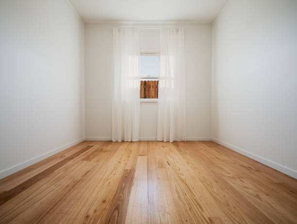 Empty Room With Timber Window & Wood Floor stock photo