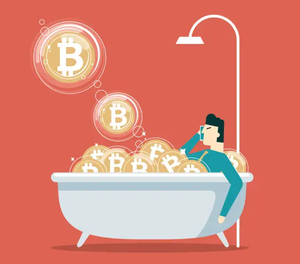 Vector illustration of Businessman bathing in Bitcoin