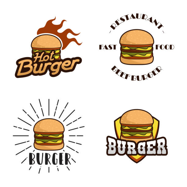 배지 햄버거 로고 벡터 선택 - hamburger bun barbecue sign stock illustrations