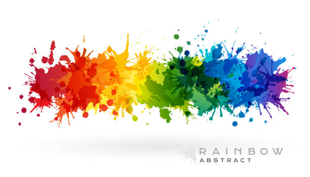 illustrazioni stock, clip art, cartoni animati e icone di tendenza di banner orizzontale creativo arcobaleno dagli schizzi di vernice. - vernice
