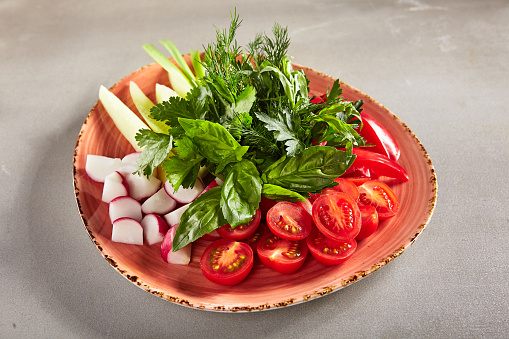 Vegan Plate of Fresh Sliced Cucumbers, Green Onions, Radish, Cherry Tomatoes and Sweet Bell Peppers Beautifully Laid on Ceramic Plate. Juicy Organic Vegetables with Basil, Dill, Parsley