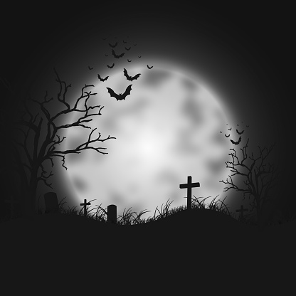 Silhouette of scary tomb Halloween  illustration with full moon and cemetery on the night sky background.