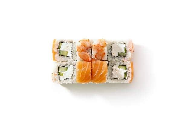 salmon and shrimps sushi roll with cucumber and cream cheese inside - susi imagens e fotografias de stock