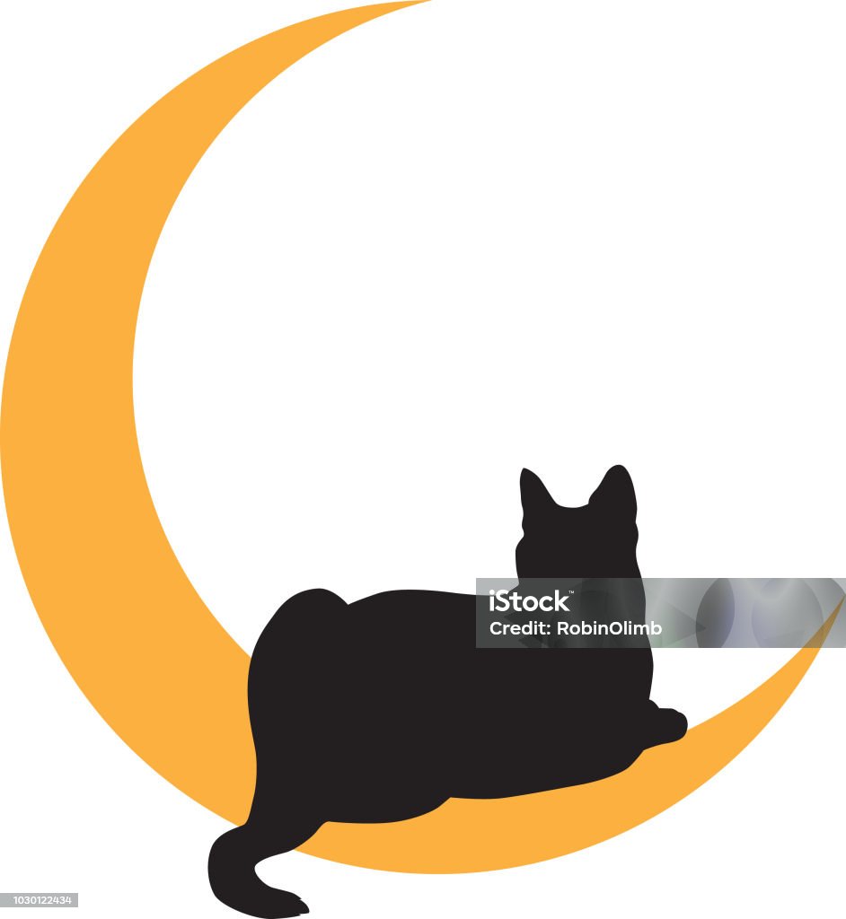 Black Cat Lying On Gold Moon Icon Vector illustration of a black cat lying on a gold moon. Domestic Cat stock vector