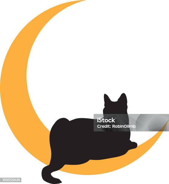 Black Cat Lying On Gold Moon Icon Stock Illustration - Download Image Now - Domestic Cat, Black Color, Spirituality