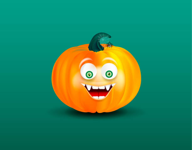 istock Orange happy smiling pampkin face with cute spider on cobweb on dark green background. Halloween icon or object 1030135690
