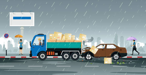Driving accident at the rain Men driving a car accident hit the truck while the rain was falling. truck rain stock illustrations