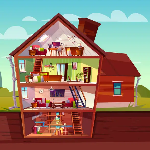 Vector illustration of Vector cartoon multistorey house in cross section