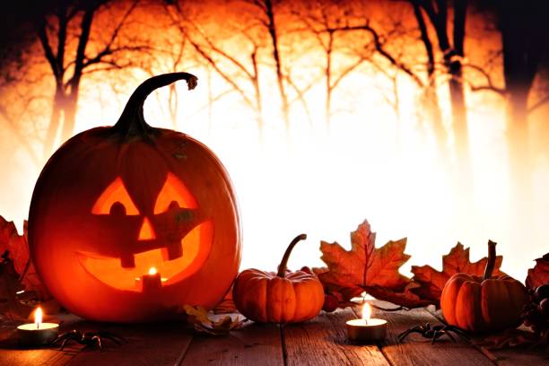 istock Halloween Jack o Lantern against spooky orange lit forest 1030151114