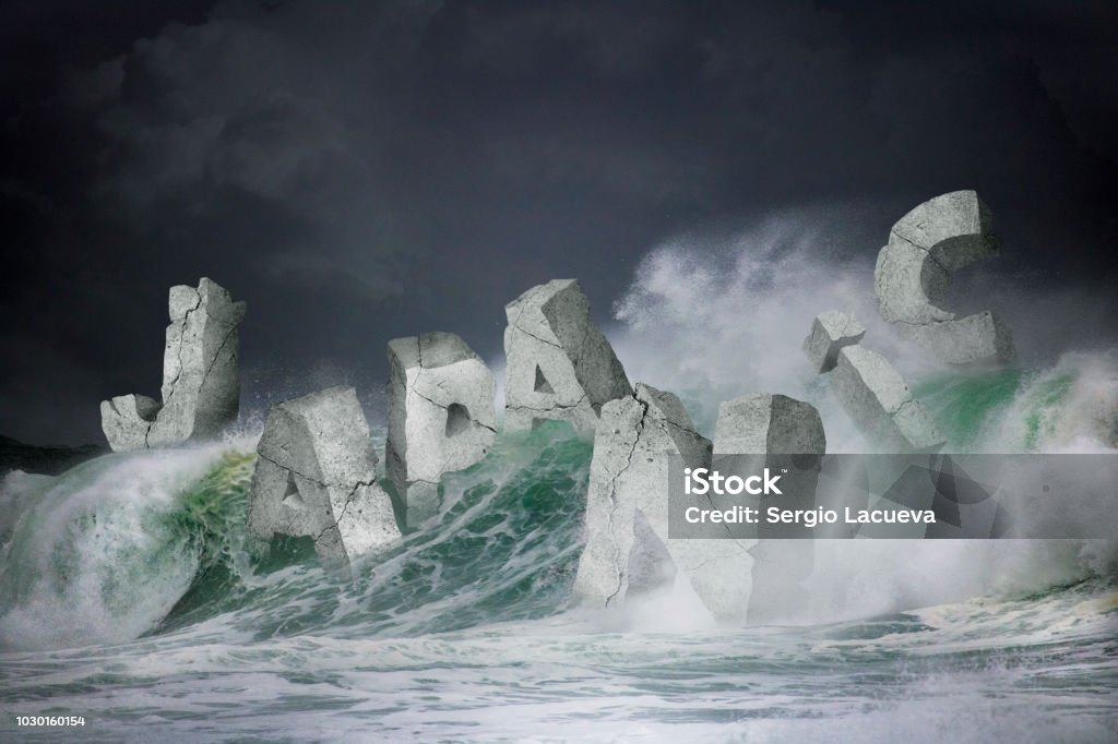 3D rendering idea for the strongest storm of the year in Japan. 3D rendering of the word Japan on a massive wave crashing. Illustration Stock Photo